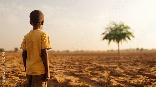 A young child gazes at a lone tree on a barren field, symbolizing solitude and potential amidst a vast landscape under a warm sky, evoking thoughts of growth and hope. photo