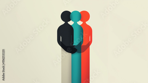 A simple and creative minimalist artwork featuring three overlapping abstract human figures in black, teal, and red, symbolizing unity and diversity in a clean and modern design. photo