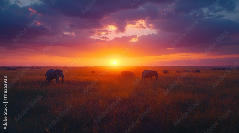 Obraz premium African savanna sunset; elephants silhouetted.