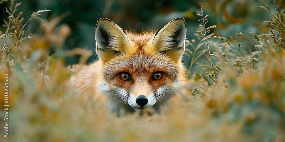 Fototapeta premium Red Fox in Autumn Grassland - Realistic Wildlife Illustration