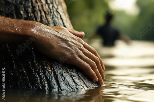 Immersed in water, a hand clings to a tree while another figure looms in the background, symbolizing hope and solidarity amidst a natural adversarial moment. photo