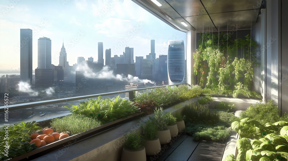 Fototapeta premium Balcony Garden Flourishing With Herbs and Vegetables Overlooking a Modern Urban Skyline