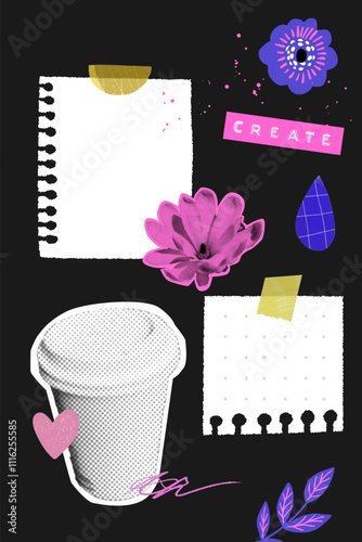 Paper vision board collage, halftone coffee cup, flowers, taped notes and doodles