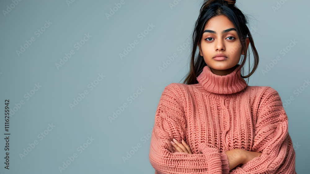 Fototapeta premium In the cold, a pretty Desi woman stands alone and looks at the camera copy space while wearing a sweater