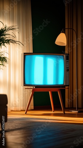 A mid-century modern room showcasing a vintage television on a wooden stand, basking in daylight with a bright blue screen casting a gentle light throughout. photo