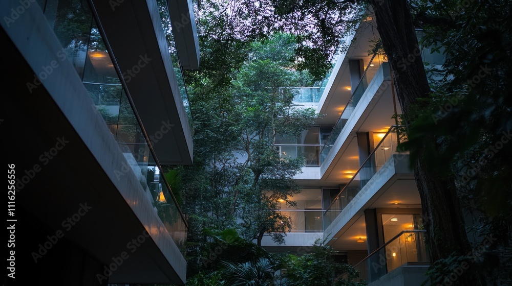 Fototapeta premium Modern Building Interior Lush Greenery Evening Light