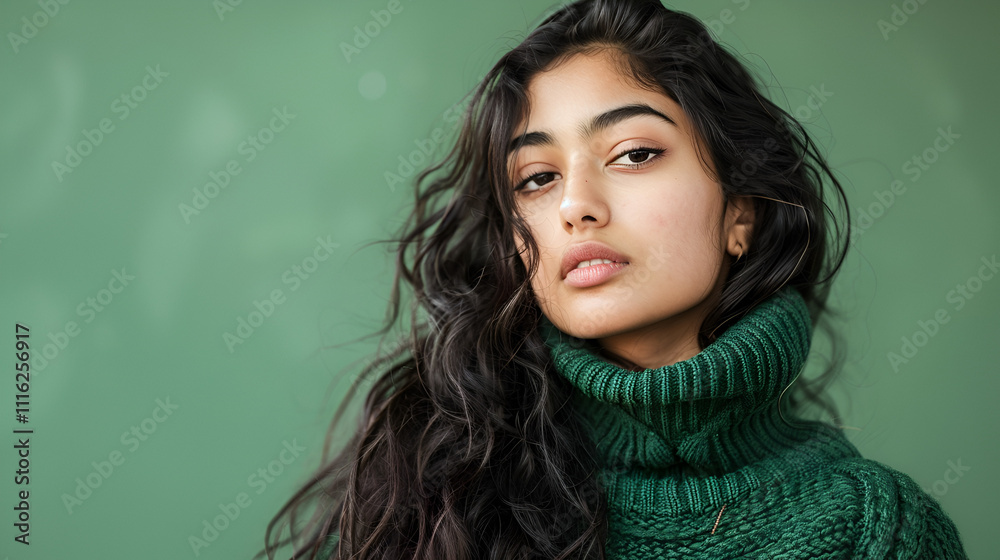 Obraz premium In the cold, a pretty Desi woman stands alone and looks at the camera copy space while wearing a sweater