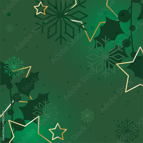 Green holiday background with stars and snowflakes Vector