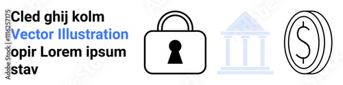 Padlock symbolizes security, a bank represents the financial institution, and a currency sign denotes money. Ideal for banking, finance, security, currency exchange, investment, fintech and privacy