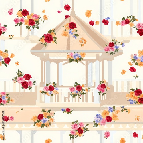 Elegant Seamless Toile Pattern with Floral Design