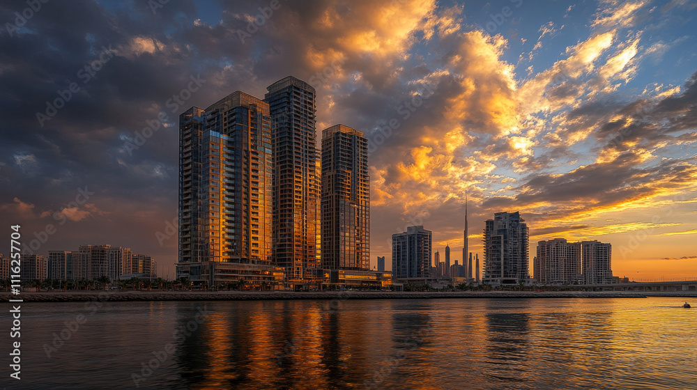 Obraz premium Beautiful, golden sunset view of the modern skyline at Dubai Marina skyline, United Arab Emirates