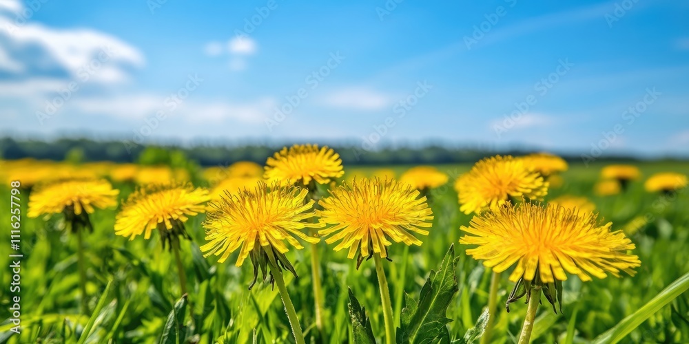 Fototapeta premium Close up of vibrant yellow dandelions Lion s tooth blooming amidst a vast field, showcasing the vivid yellow dandelions complemented by lush green grass and a clear blue sky in the backdrop.