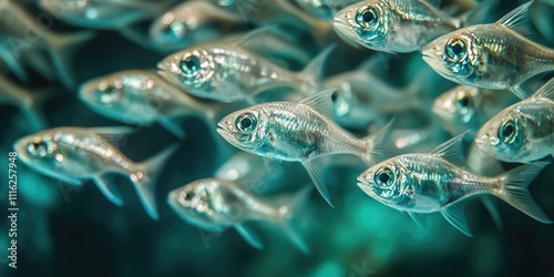 Close up view of a school of silver Hottentot fish swimming gracefully underwater, showcasing the beauty and elegance of the silver Hottentot fish in deep aquatic environments. photo