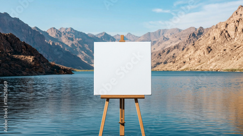 A blank canvas on an easel set against a serene lake and mountain landscape under a clear blue sky. photo