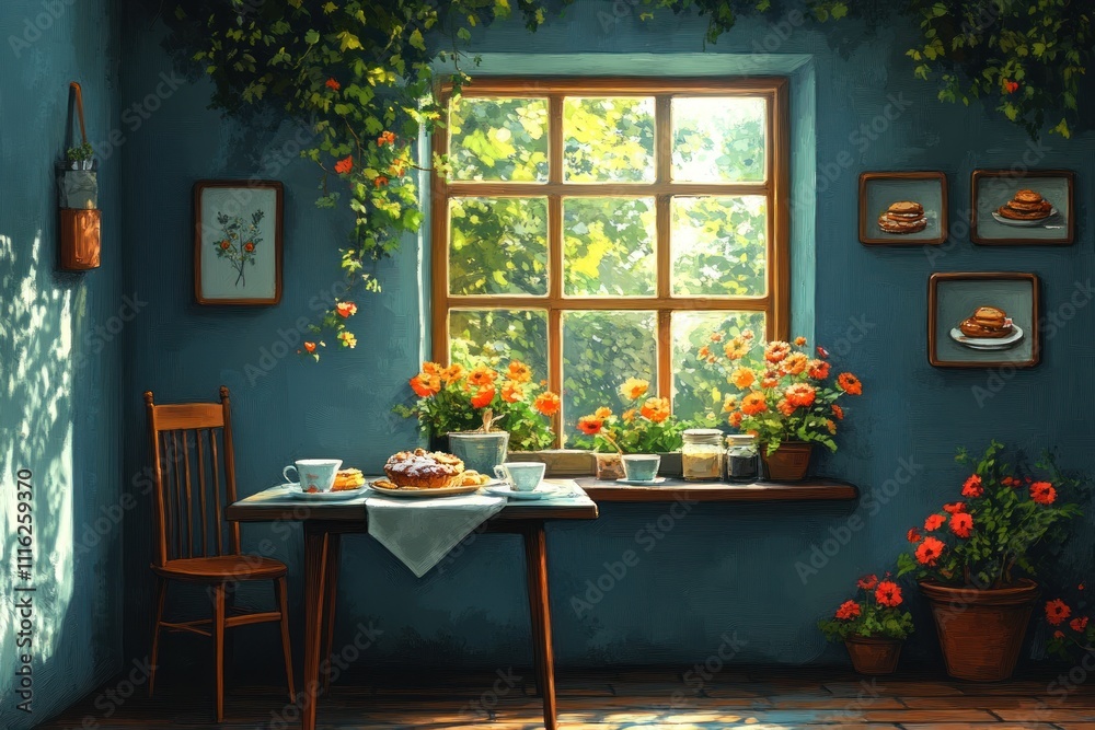 Obraz premium Sunlit kitchen with a window, a table set for tea, and potted plants.