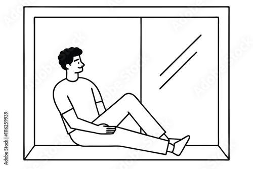Young man relaxing in window line art vector illustration