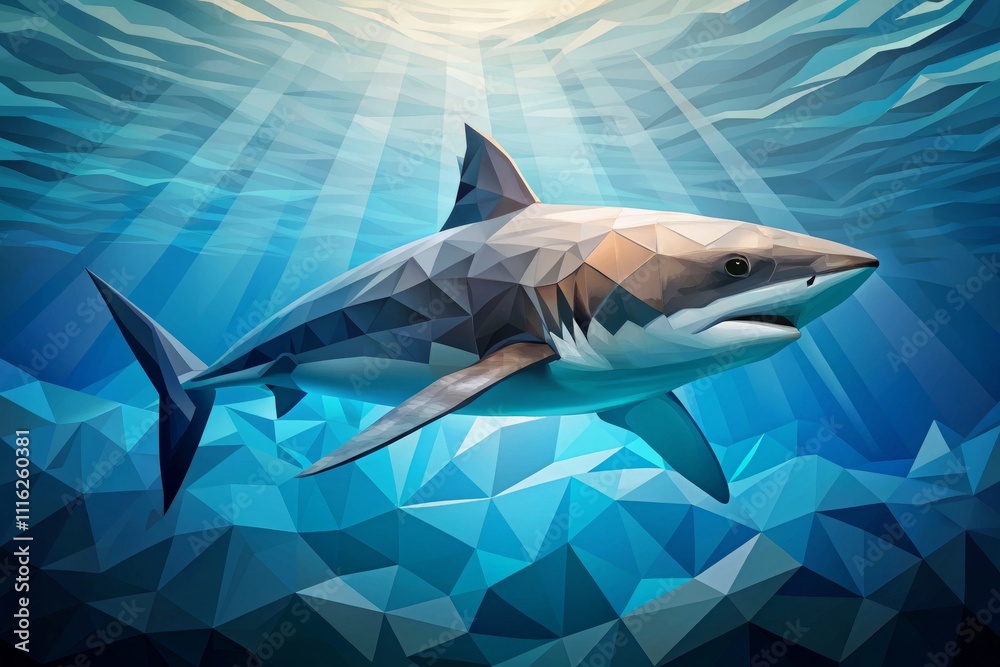 Obraz premium Geometric Shark Underwater Illustration with Light Reflection in Ocean