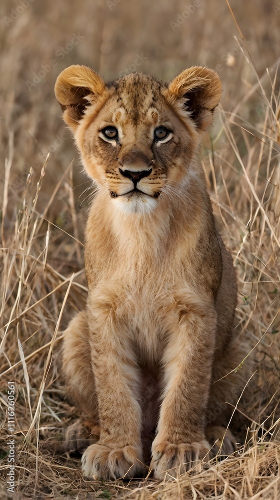 Fototapeta premium Young Lion Cub Sitting in Dry Grass