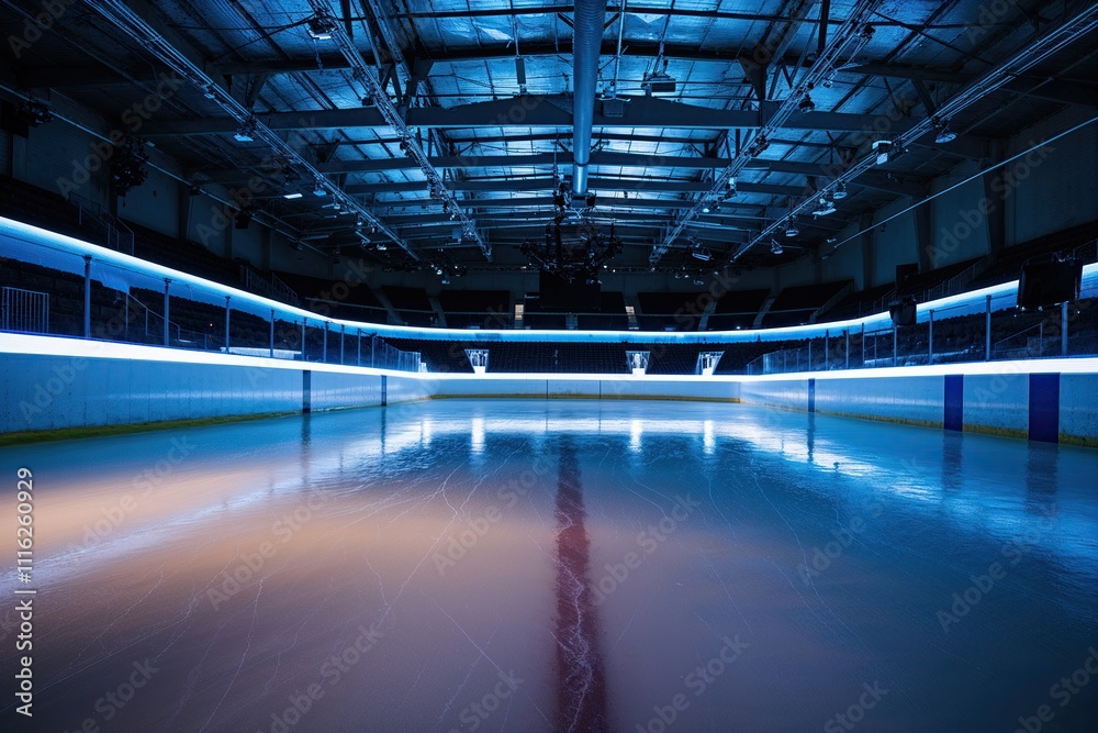 Unoccupied Ice Arena Glowing with Soft Blue Hues as a Stylish Venue for Events Unoccupied Ice Arena Glowing with Soft Blue Hues as a Stylish Venue for Events