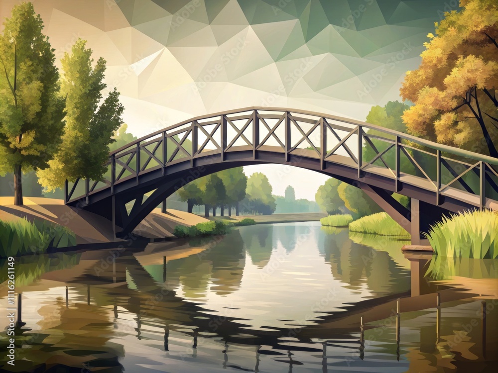 Fototapeta premium Tranquil Landscape with Bridge and Reflections in Calm Waters