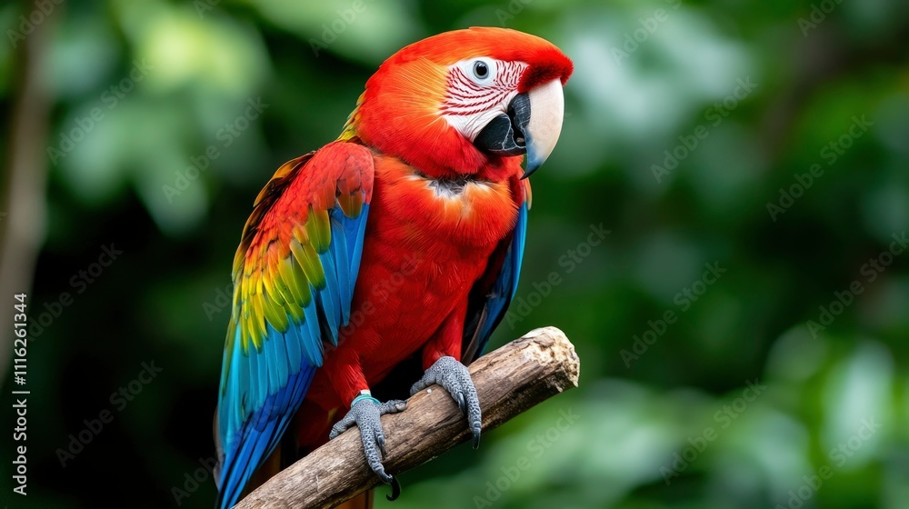 Fototapeta premium Scarlet Macaw Perched on Branch in Lush Green Rainforest
