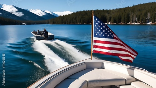 Boat Flag in San, American flag on the back of a boat on Lake