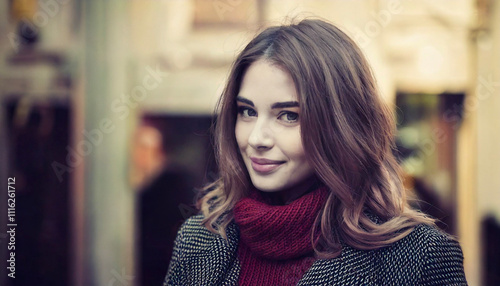 Pretty woman with funny eyes looking at camera with blurred shops in background