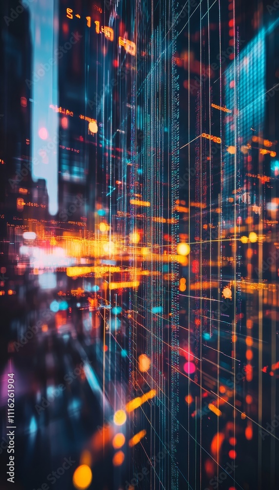 Obraz premium Dynamic financial building featuring colorful stock market data and vibrant digital graphs