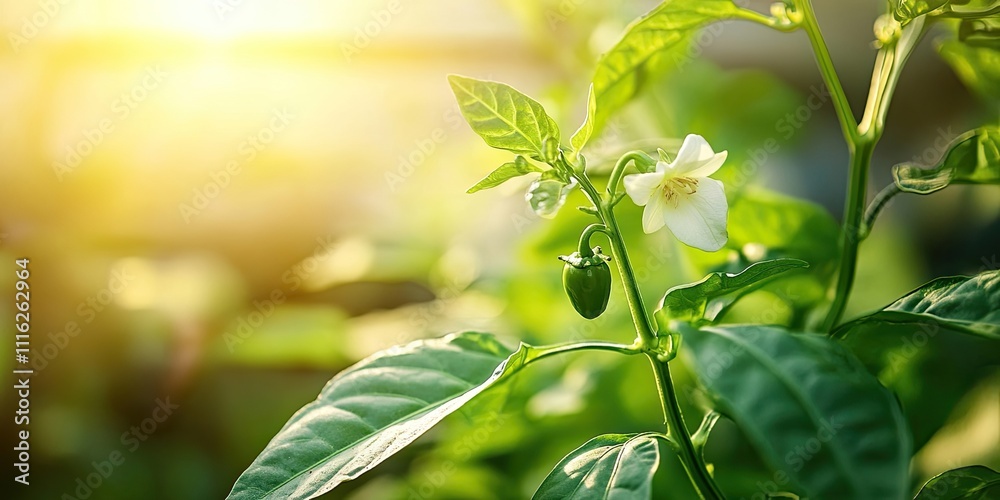 Obraz premium Close up of a small green pepper fruit beginning to grow and mature from the white flower of the pepper plant, thriving in bright sunlight within a greenhouse environment.