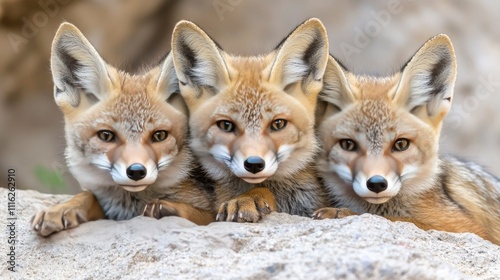 Three Adorable Kit Foxes Huddled Together photo