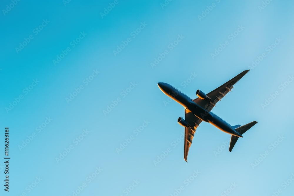 A passenger airplane flies against a clear blue sky, showcasing its silhouette in the sunlight. A passenger airplane flies against a clear blue sky, showcasing its silhouette in the sunlight.
