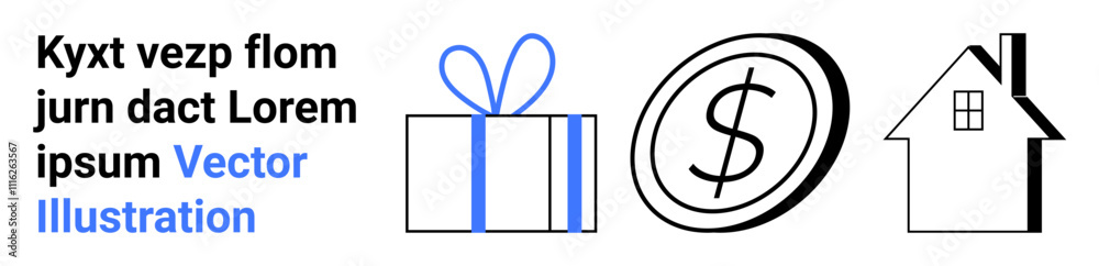Obraz premium Gift box with bow, dollar coin with dollar sign, and a house outline. Ideal for holidays, finance, real estate, home buying, savings investment and rewards. Landing page