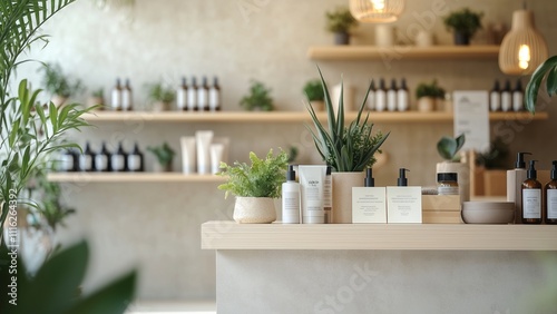 Cosmetics and skin care shampoos on the counter in a trendy retail store with a simple design, open layout, modern shelving. And decorative plants make it feel fresh and inviting.