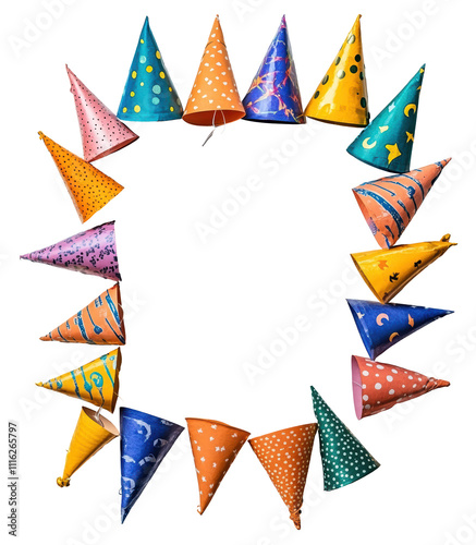 A colorful row of paper party hats in a circle. The hats are of different colors and sizes, and they are arranged in a way that creates a sense of celebration and festivity photo