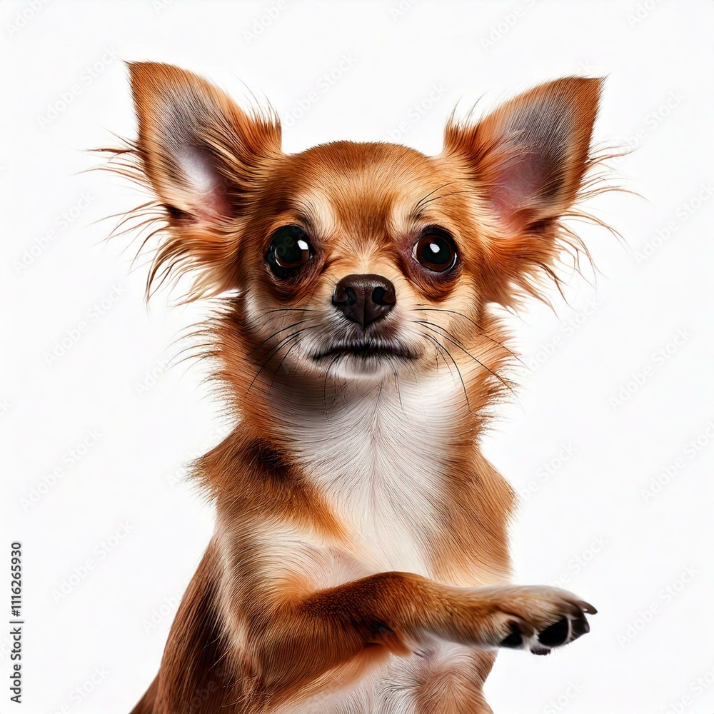 Front view of a Chihuahua dog looking scared, extending its paw as if offering a handshake or pressing something in the air, set against a clean white background. Front view of a Chihuahua dog looking scared, extending its paw as if offering a handshake or pressing something in the air, set against a clean white background.