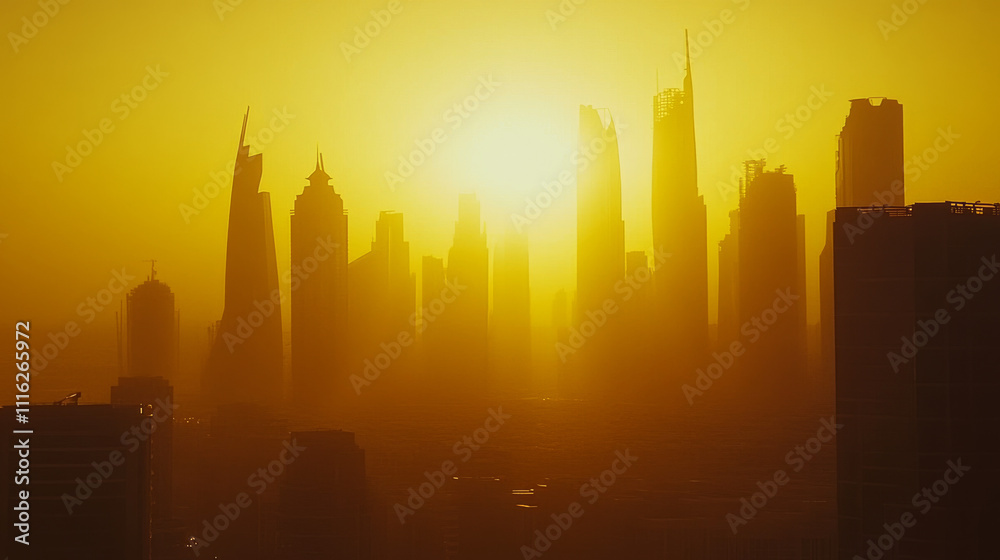 Fototapeta premium Beautiful, golden sunset view of the modern skyline at Dubai Marina skyline, United Arab Emirates