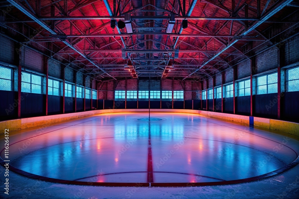 Fototapeta premium Vibrant Colorful Scene of an Empty Hockey Rink Illuminated in Surreal Detail