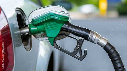 Close-up of a green fuel nozzle inserted in a vehicle at a gas station, representing refueling and travel readiness. photo