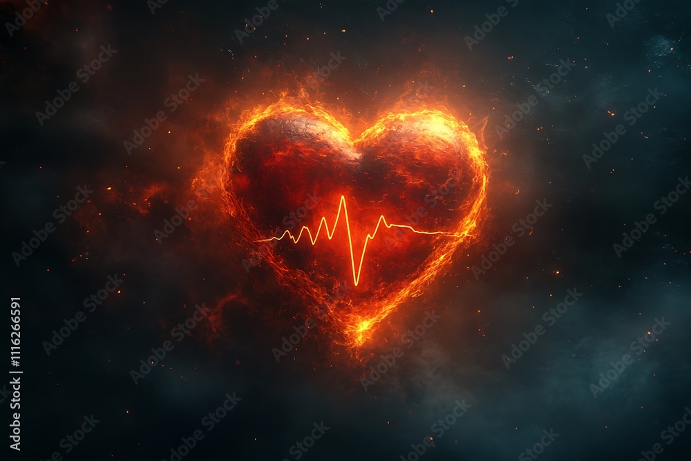 Obraz premium Big fiery heart on black background and cardiogram from fire and spark. Heartbeat from fiery flame. Concept of holidays, love and health. 