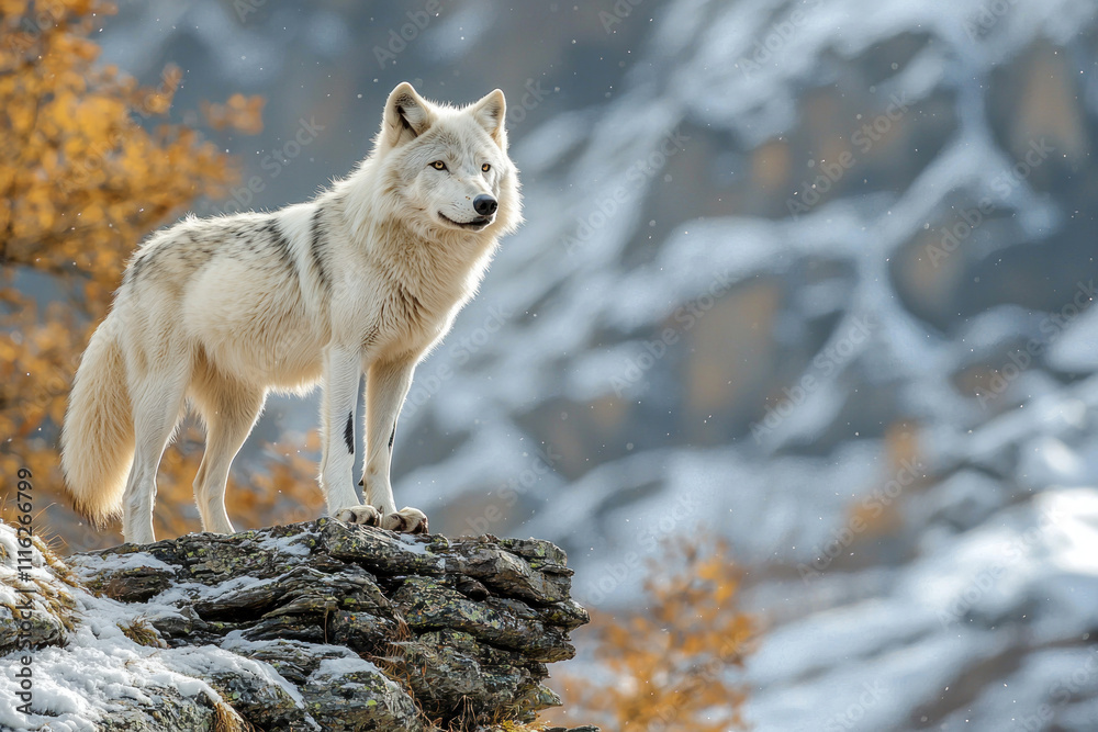 Arctic wolf standing on a rock in a snowy mountain landscape. Arctic wolf standing on a rock in a snowy mountain landscape.