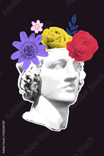 Artistic statue head collage with halftone flowers. Art classes poster, creative ideas concept. Trendy graphic on black background