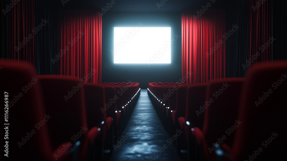 Obraz premium A cinematic perspective from the back of a theater, with rows of red seats leading up to a blank glowing screen, enveloped by luxurious curtains