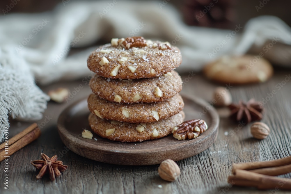 Fototapeta premium Delightful festive christmas cookies with nuts and cinnamon on a rustic wooden surface