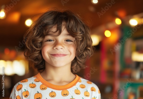 A joyful child with a big smile stands in front of vibrant pumpkins.