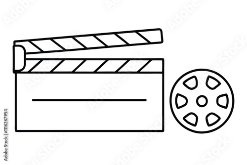 Movie board clapper and film reel line art vector illustration