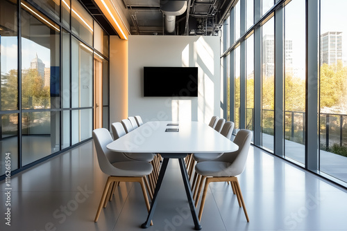 Modern conference room with glass walls, white furniture, and a city view, flooded with natural light for a professional ambiance