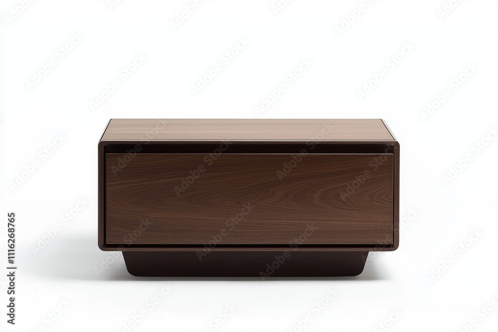 A sleek brown finish minimalist nightstand with a single spacious drawer, exuding simplicity and elegance, isolated on a bright white canvas A sleek brown finish minimalist nightstand with a single spacious drawer, exuding simplicity and elegance, isolated on a bright white canvas