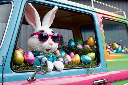 Whimsical Bunny in Funky Sunglasses Gazing from a Kooky Vehicle Overflowing with Easter Surprises photo