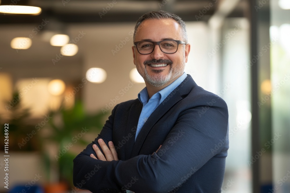 Confident businessman smiling while standing with arms crossed in a modern office environment, showcasing professionalism and approachability Confident businessman smiling while standing with arms crossed in a modern office environment, showcasing professionalism and approachability