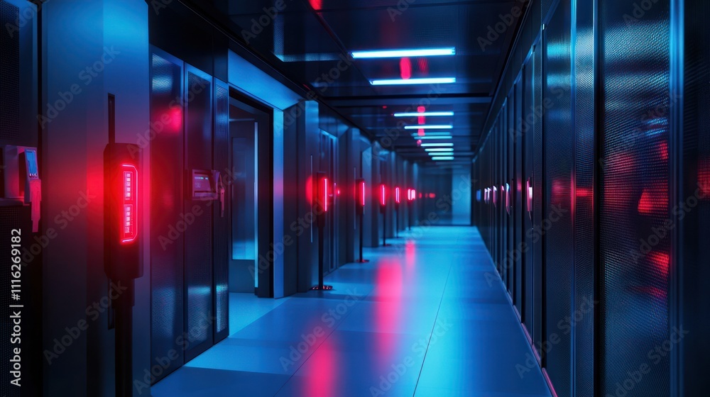 Fototapeta premium Futuristic server room with glowing lights and technology